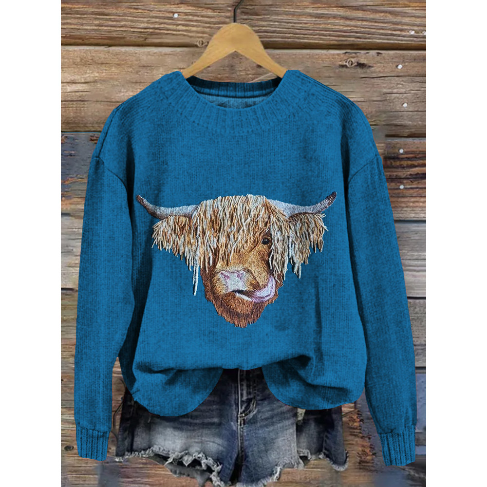 Cute Highland Cow Embroidery Art Cozy Knit Sweater