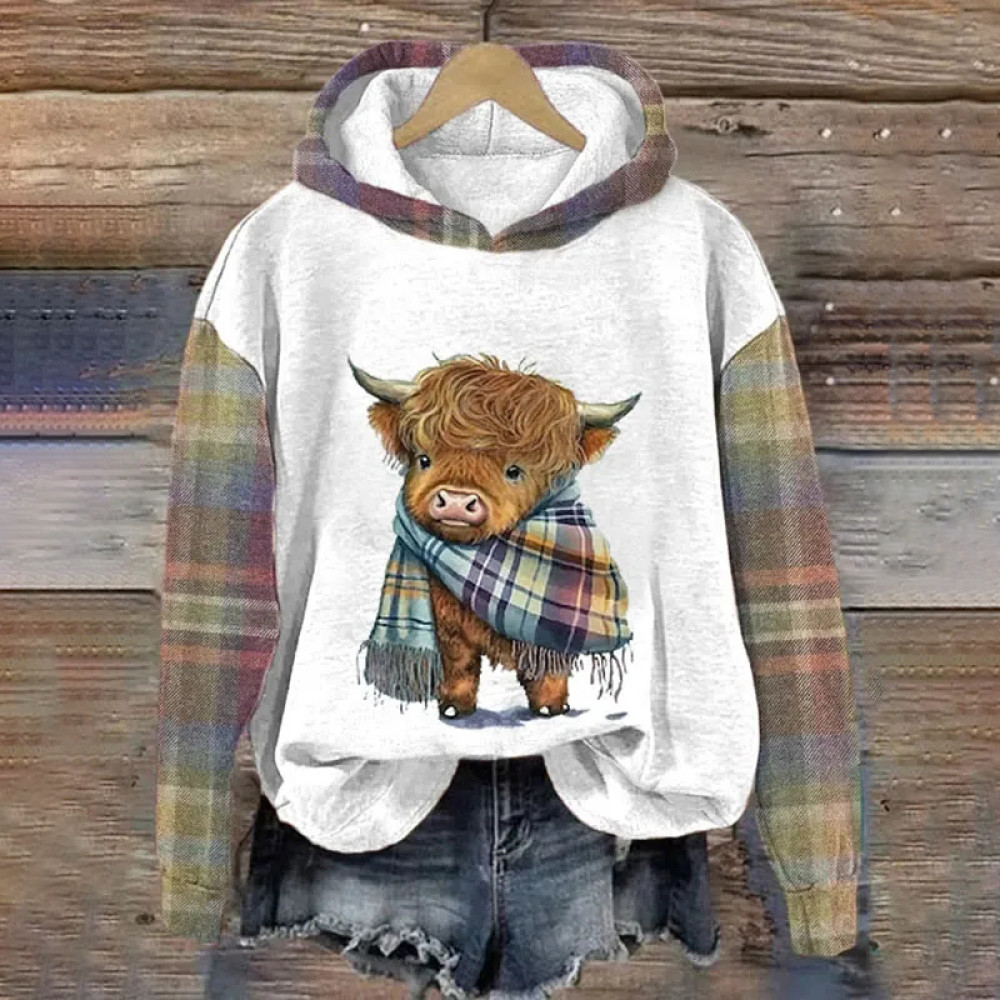 Cute Highland Cow Print Casual Hooded Sweatshirt
