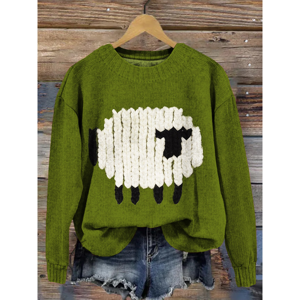Cute Knit Sheep Pattern Crew Neck Cozy Knit Sweater