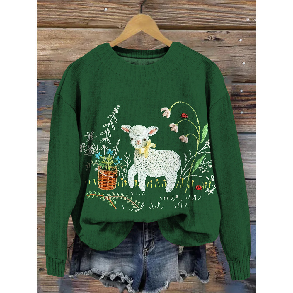 Cute Little Lamb Embroidered Cozy Knit Sweater