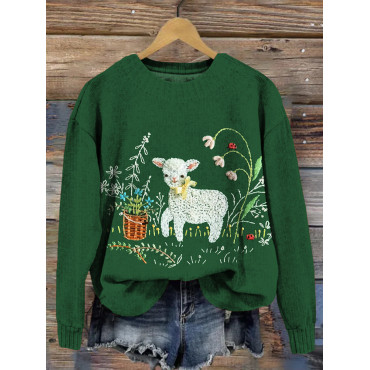 Cute Little Lamb Embroidered Cozy Knit Sweater