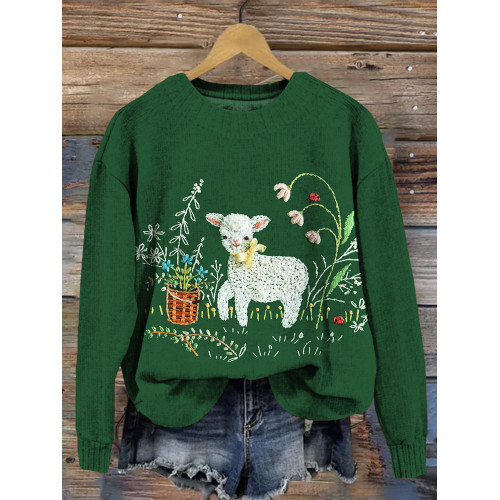 Cute Little Lamb Embroidered Cozy Knit Sweater