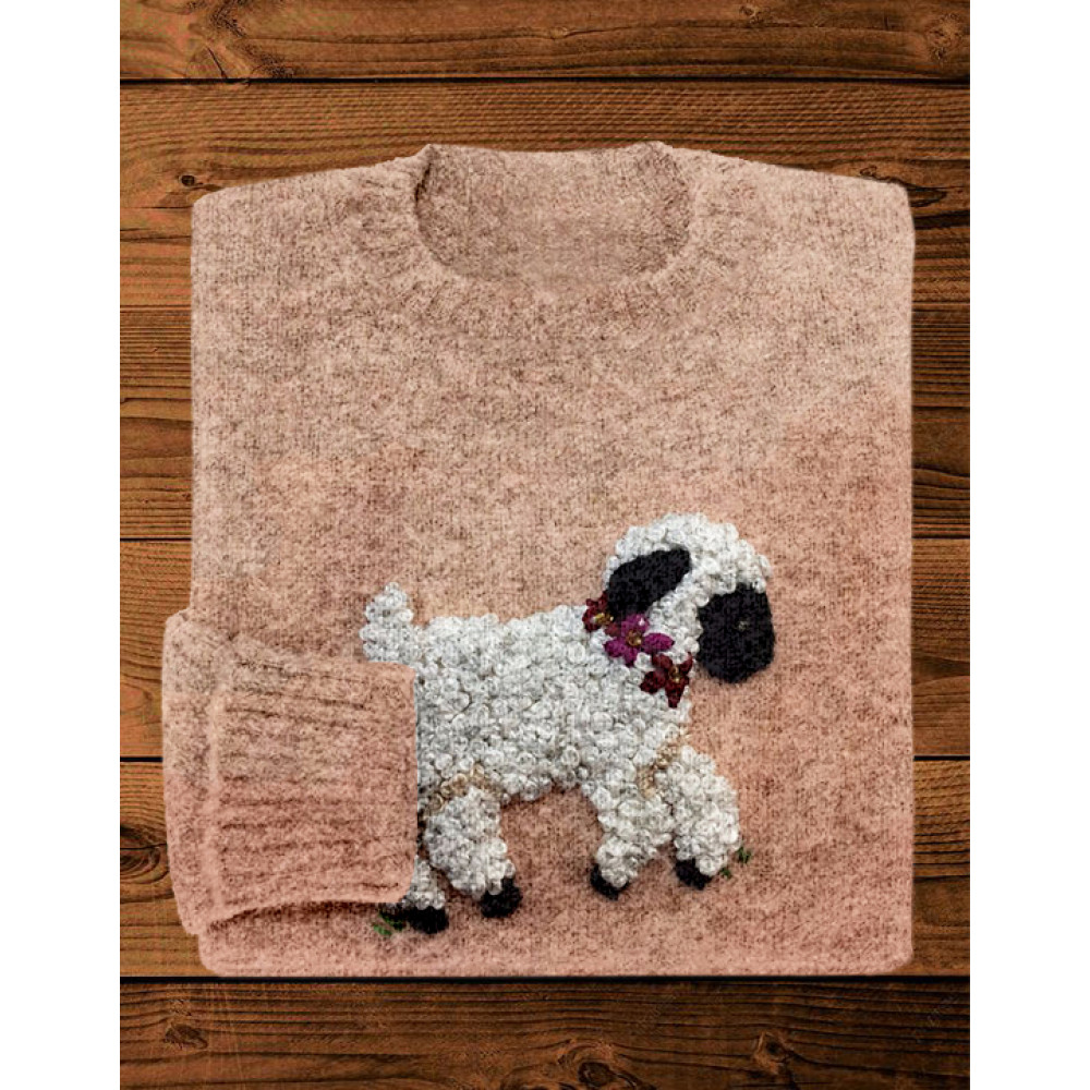 Cute Little Lamb Embroidery Pattern Cozy Knit Sweater
