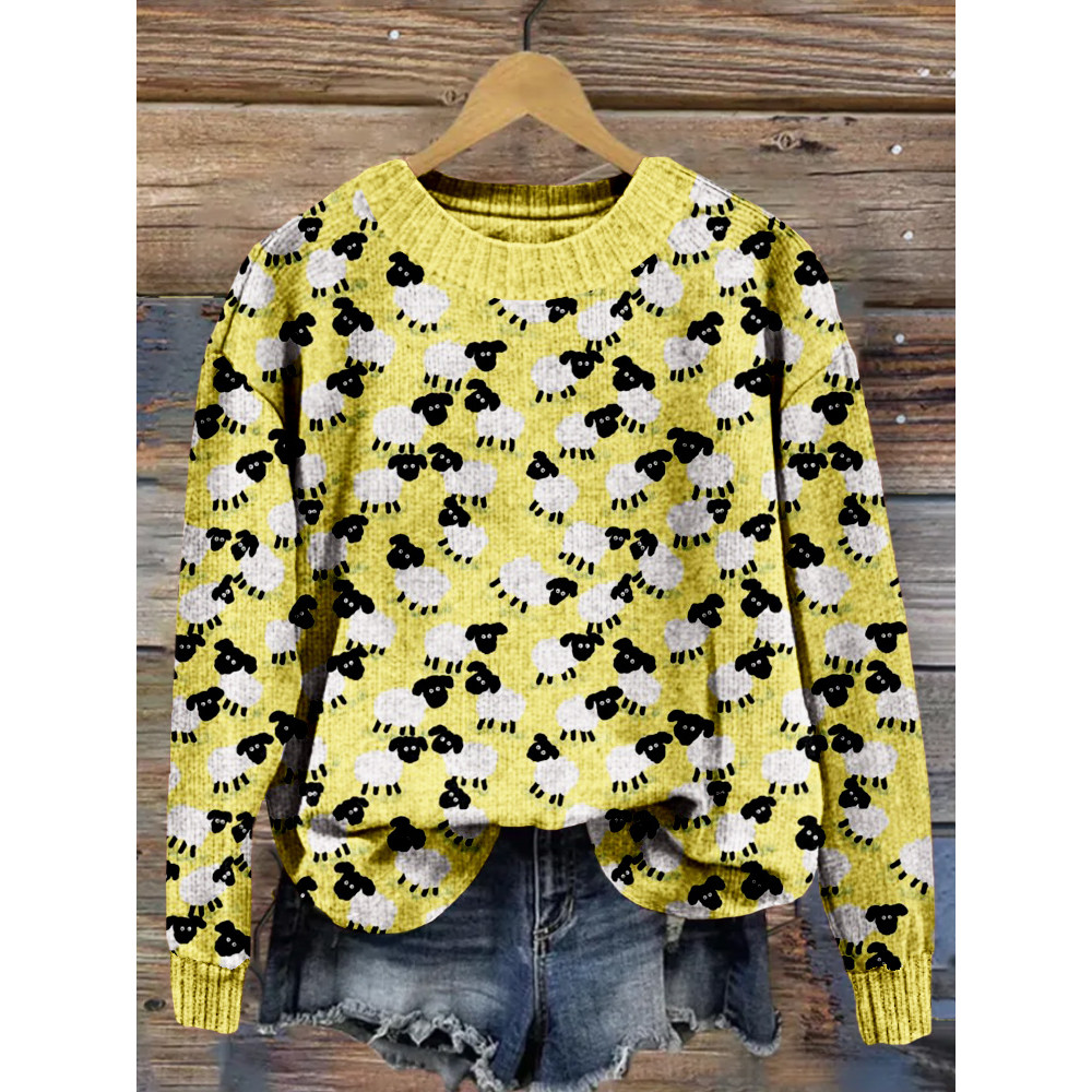 Cute Little Lambs Pattern Crew Neck Cozy Knit Sweater