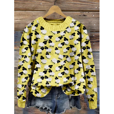Cute Little Lambs Pattern Crew Neck Cozy Knit Sweater