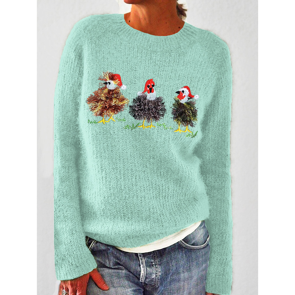 Cute Little Mini Fringed Chicken Embroidery Cozy Knit Sweater