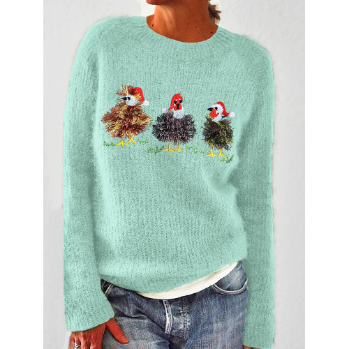 Cute Little Mini Fringed Chicken Embroidery Cozy Knit Sweater
