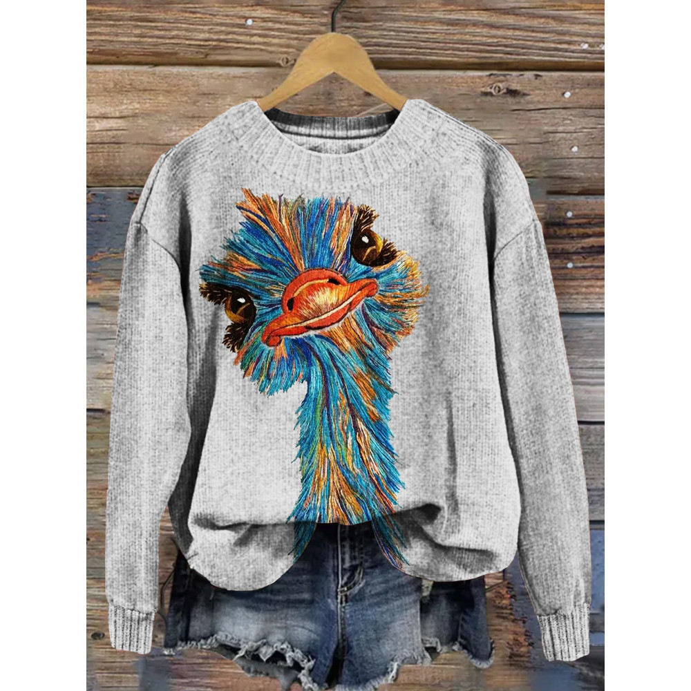 Cute Ostriches Embroidery Art Pattern Cozy Knit Sweater