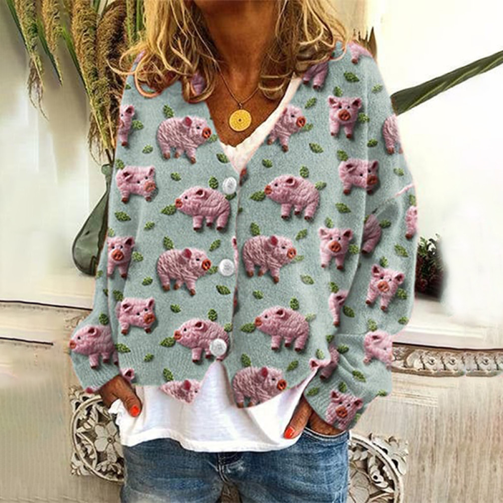 Cute Pig Print V-Neck Long Sleeved Knitted Cardigan