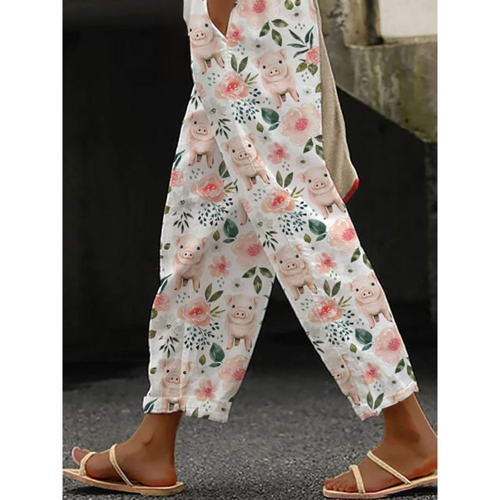 Cute Piggy And Floral Print Pocket Casual Pants
