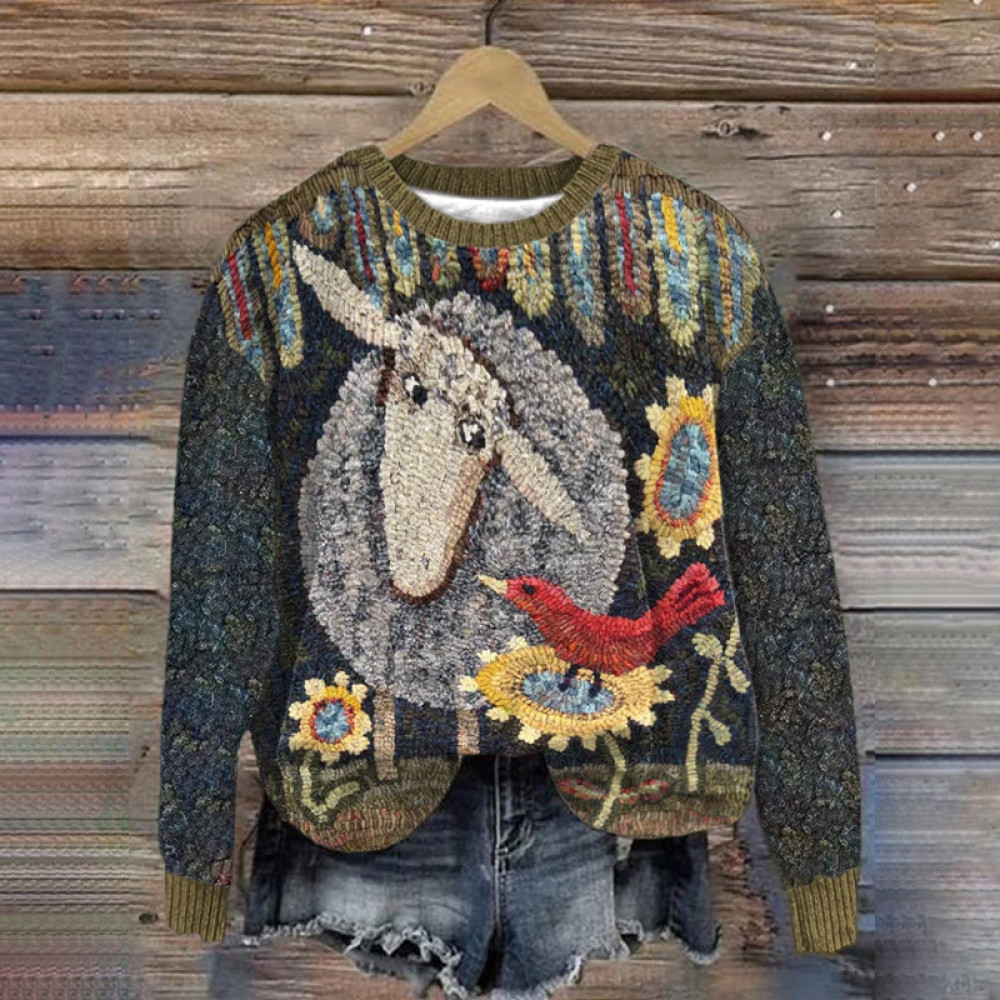 Cute Plush Sheep Embroidery Art Cozy Sweater