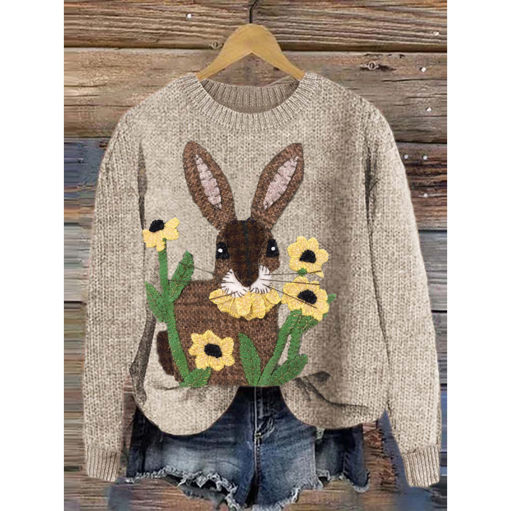 Cute Rabbit Felt Art Casual Cozy Knitted Sweater