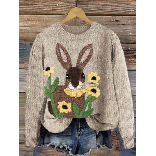 Cute Rabbit Felt Art Casual Cozy Knitted Sweater