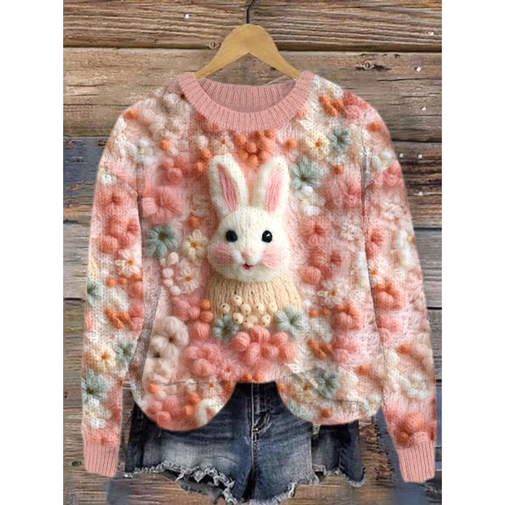 Cute Rabbit & Floral Embroidery Art Cozy Knit Sweater