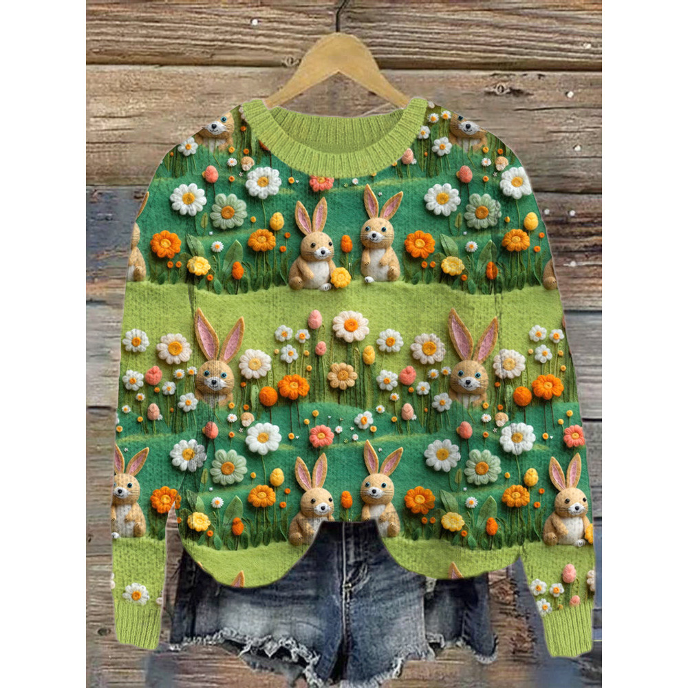 Cute Rabbit & Floral Felt Art Cozy Knit Sweater