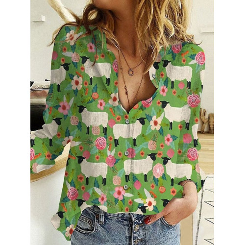 Cute Sheep And Flower Print Long Sleeve Blouse