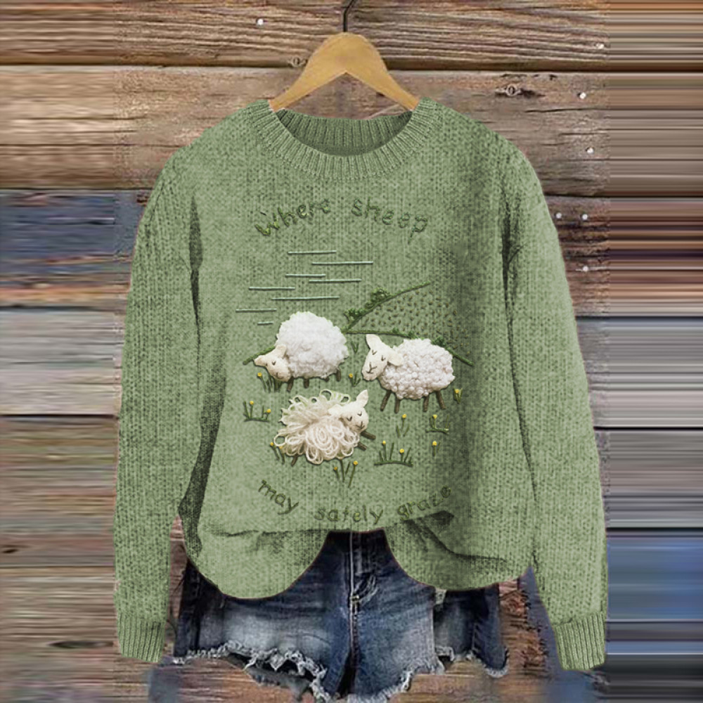 Cute Sheep And Letters Pattern Cozy Knit Sweater