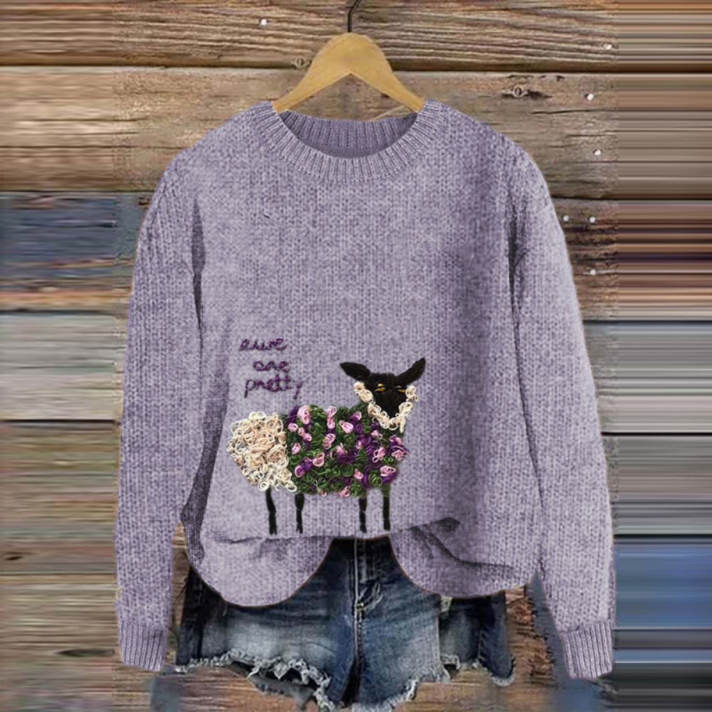 Cute Sheep And Letters Pattern Crew Neck Cozy Knit Sweater