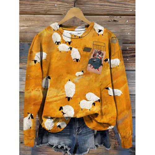 Cute Sheep Art Painting Graphic Comfy Sweatshirt
