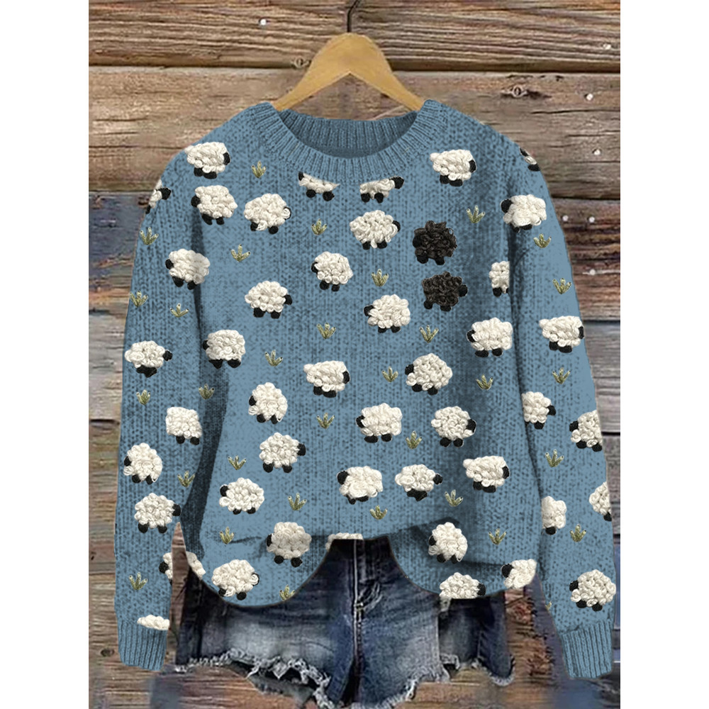 Cute Sheep Embroidery Art Cozy Knit Sweater