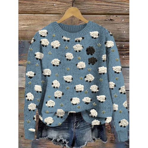 Cute Sheep Embroidery Art Cozy Knit Sweater