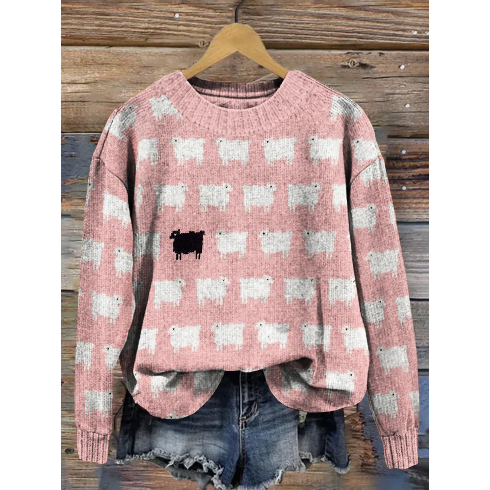 Cute Sheep Graphic Crew Neck Cozy Knit Sweater