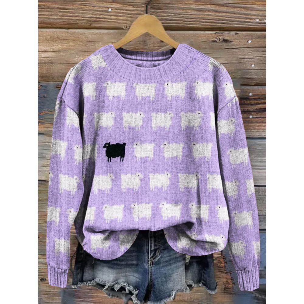 Cute Sheep Graphic Crew Neck Cozy Knit Sweater
