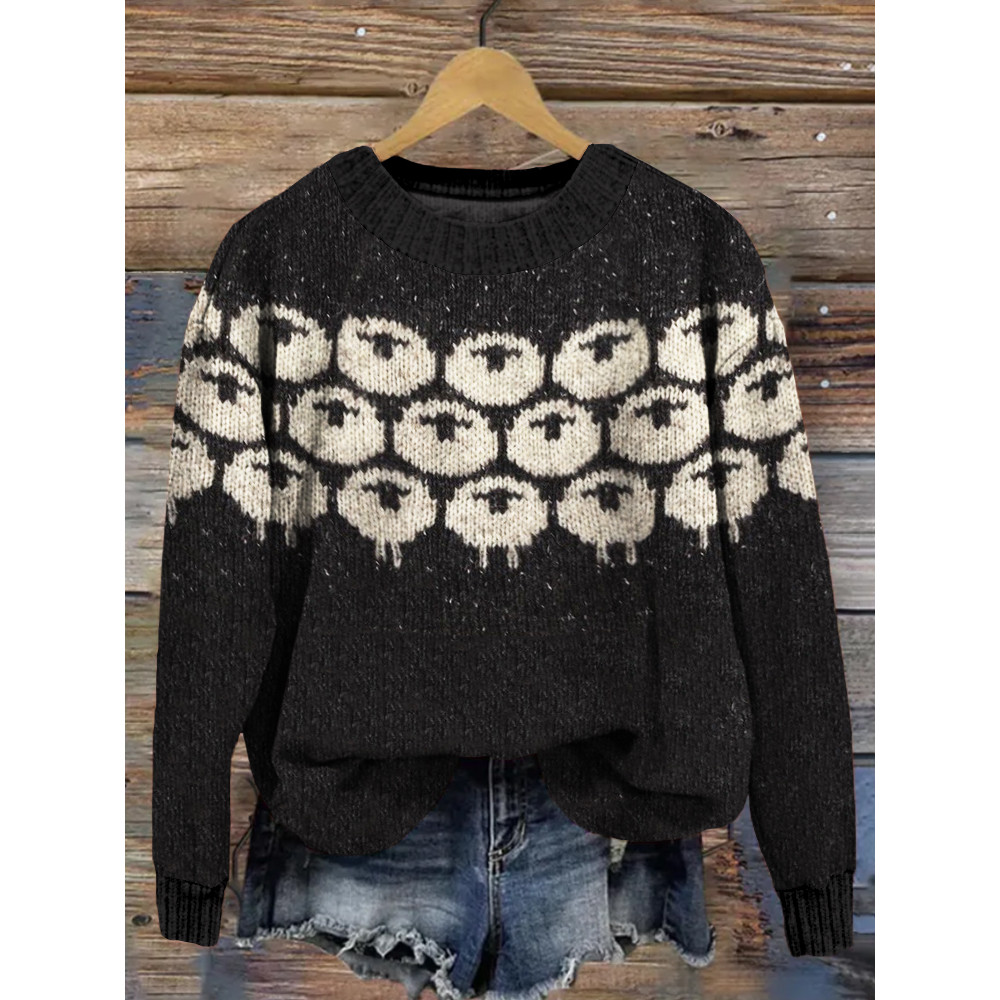 Cute Sheep Pattern Crew Neck Cozy Knit Sweater