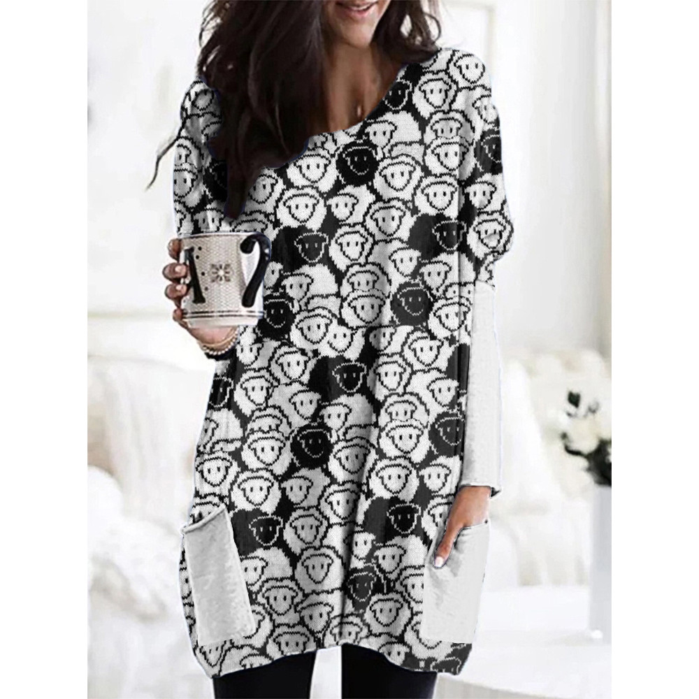 Cute Sheep Print Casual Cozy Long T-shirt