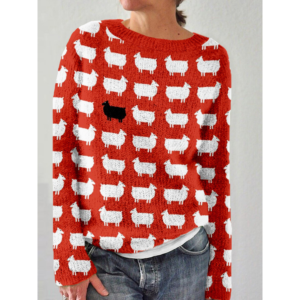 Cute Sheeps Doodle Art Crew Neck Cozy Knit Sweater