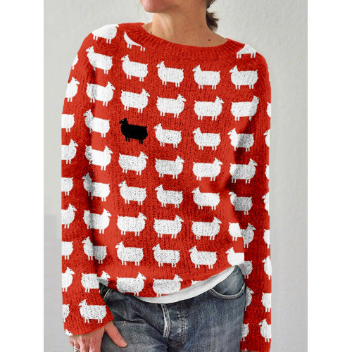 Cute Sheeps Doodle Art Crew Neck Cozy Knit Sweater