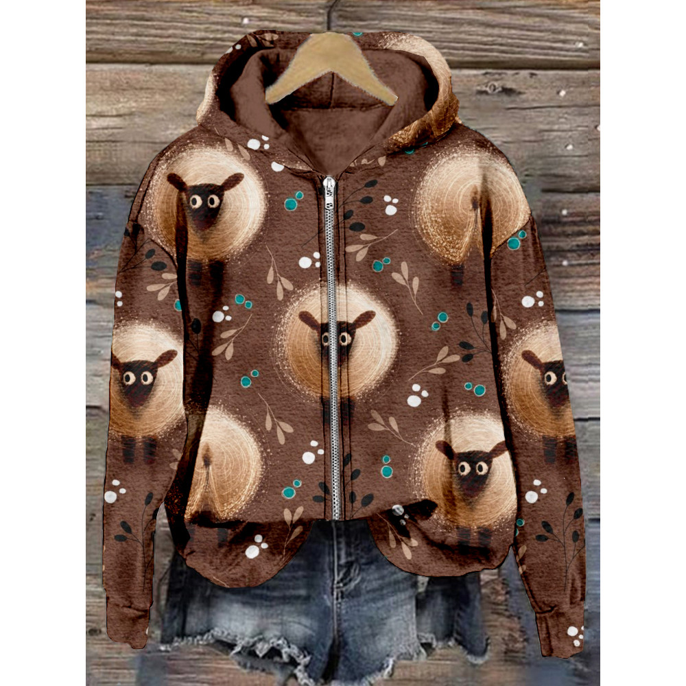 Cute Sheeps Pattern Zip Up Comfy Hoodie
