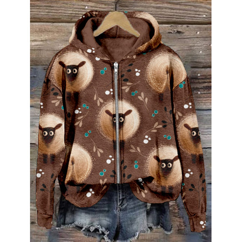 Cute Sheeps Pattern Zip Up Comfy Hoodie
