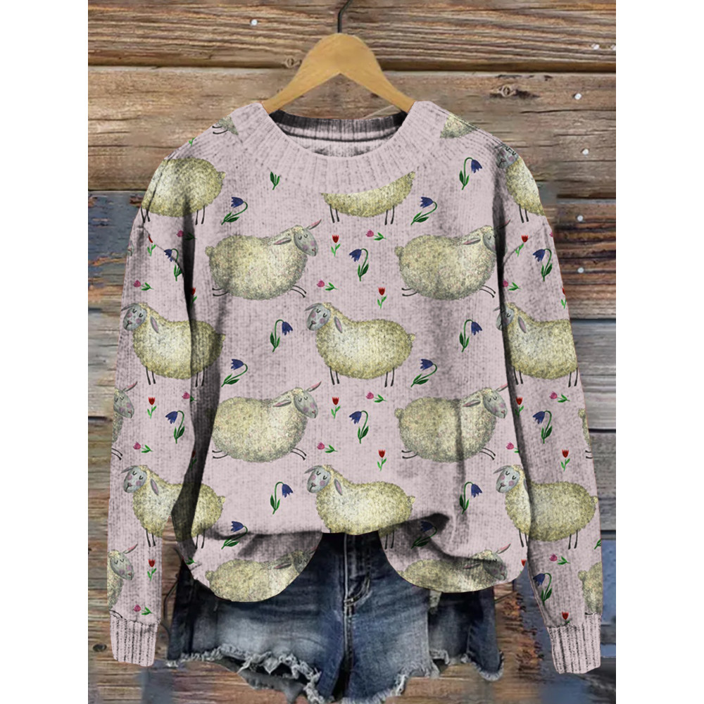 Cute Sheepy Sheep Pattern Vintage Cozy Knit Sweater
