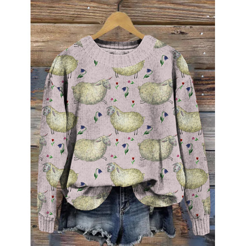 Cute Sheepy Sheep Pattern Vintage Cozy Knit Sweater