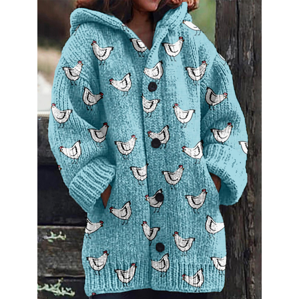 Cute White Chickens Pattern Cozy Knit Cardigan