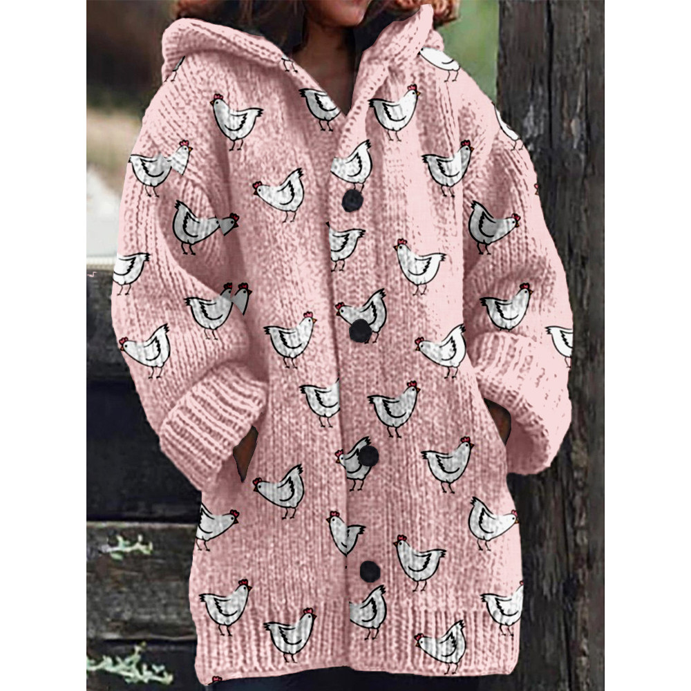 Cute White Chickens Pattern Cozy Knit Cardigan