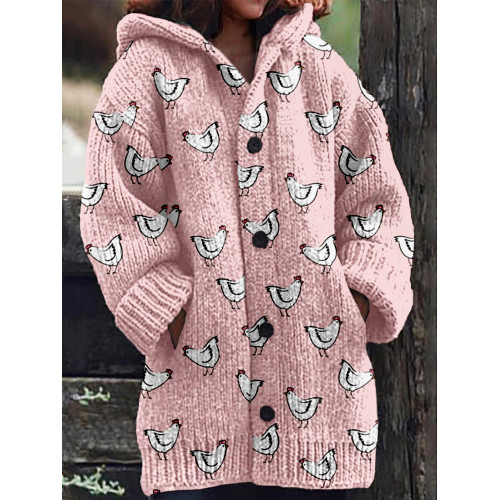 Cute White Chickens Pattern Cozy Knit Cardigan
