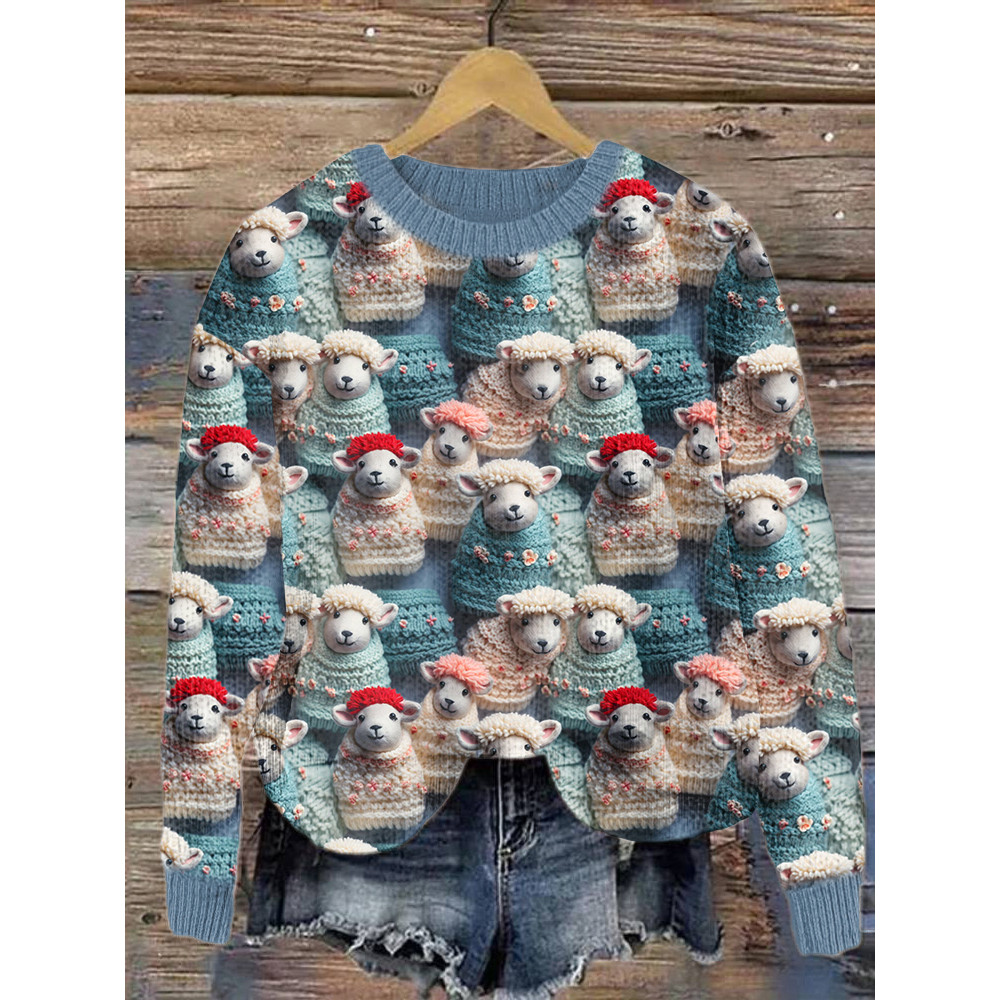 Cute Winter Sheep Print Casual Cozy Knit Sweater
