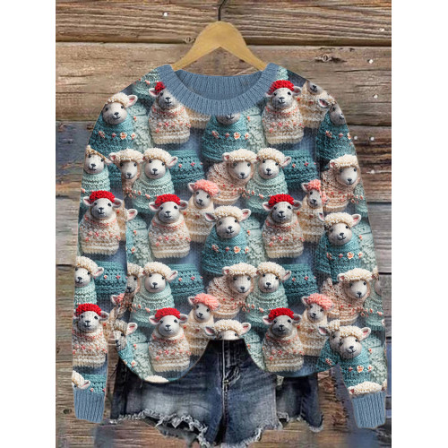 Cute Winter Sheep Print Casual Cozy Knit Sweater