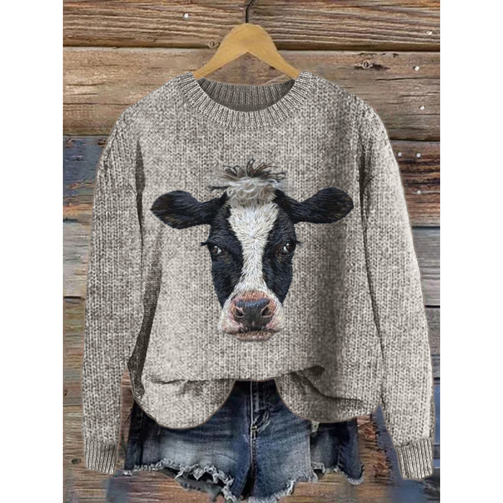 Dairy Cow Embroidery Art Cozy Knit Sweater