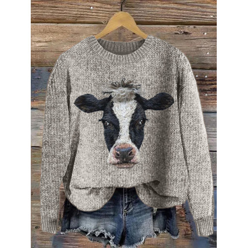 Dairy Cow Embroidery Art Cozy Knit Sweater