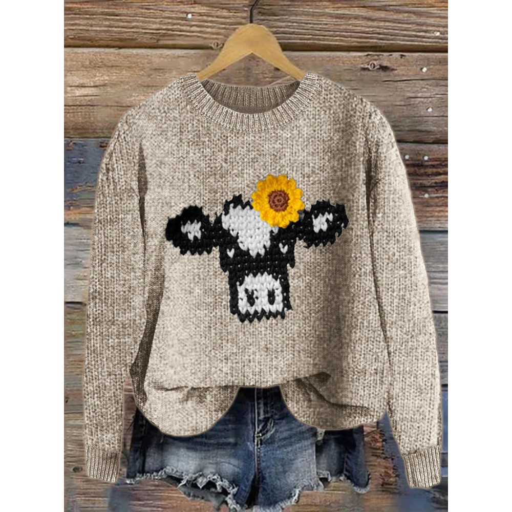 Dairy Cow with Sunflower Crochet Cozy Knit Sweater