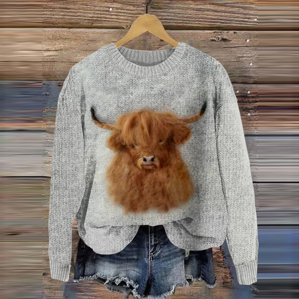 Docile Highland Cow Wool Felt Knitted Pullover Sweater