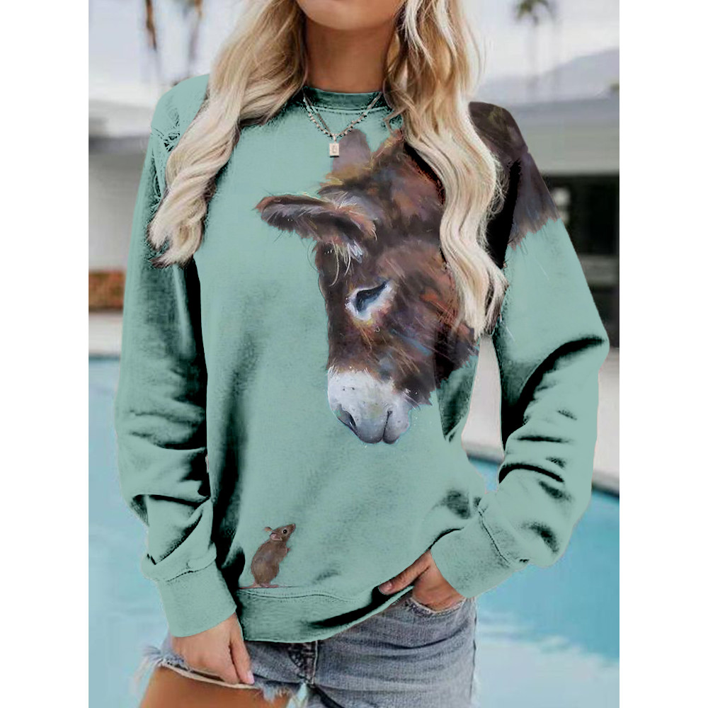 Donkey and Mouse Pattern Crew Neck Comfy Sweatshirt