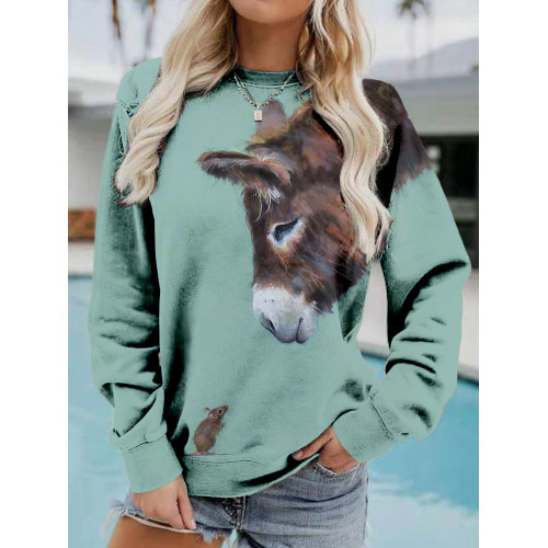 Donkey and Mouse Pattern Crew Neck Comfy Sweatshirt