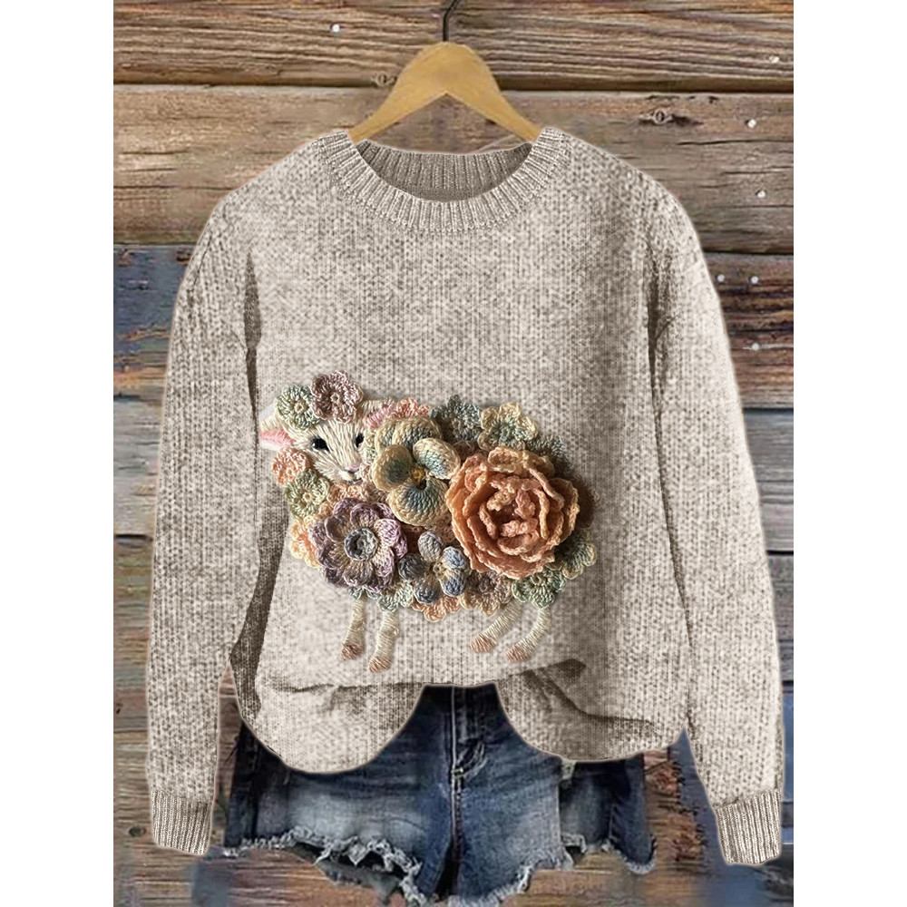 Elegant Floral Sheep Embroidery Art Cozy Sweater