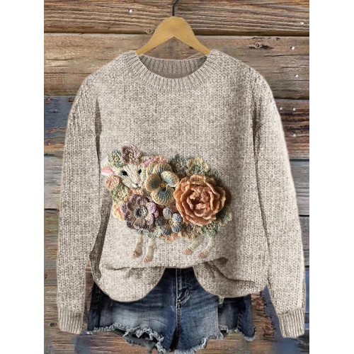 Elegant Floral Sheep Embroidery Art Cozy Sweater