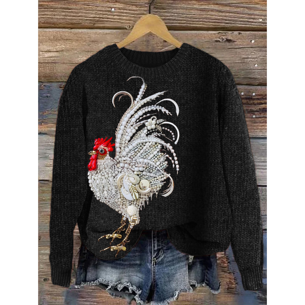 Elegant Rooster Jewelry Art Cozy Knit Sweater