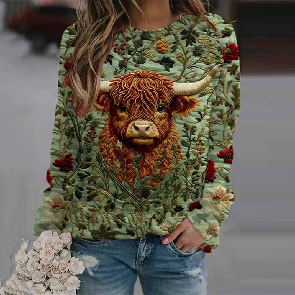 Embroidered Flower Highland Cow Print Round Neck Casual Sweatshirt